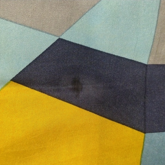 J.D. Dubois Silk Scarf 30x30 – Luxe Geometric Blue & Gold Tie Style Accessory - Picture 12 of 14